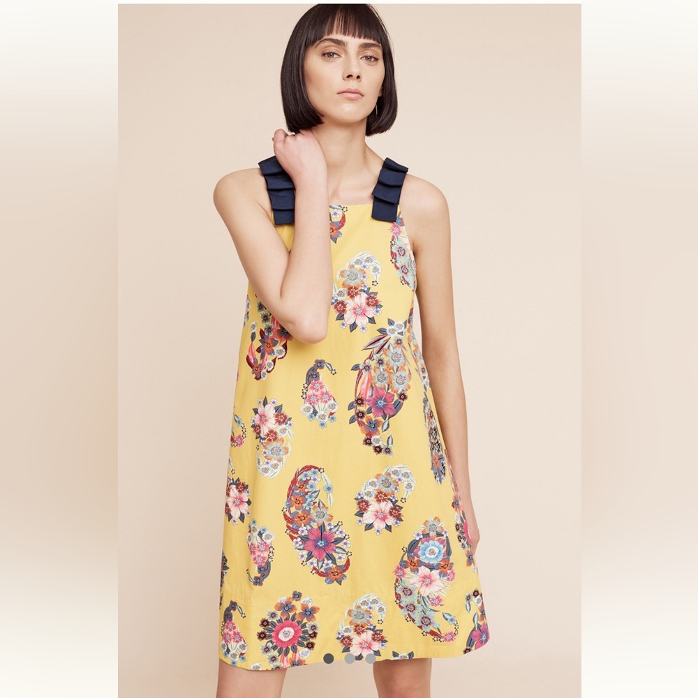 Anthropologie-Maeve Sunniva Paisley Print Dress W/bow dtl , Yellow Multi, Size L